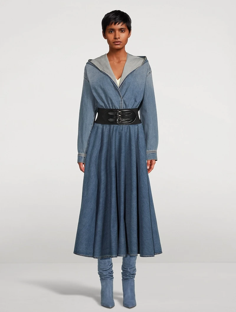 Belted Denim Midi Skirt