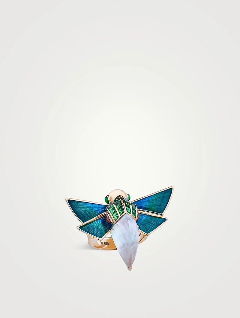 18K Gold Jitterbug Cuckoo Bee Ring With Gemstones