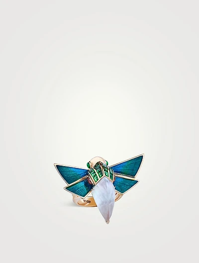 18K Gold Jitterbug Cuckoo Bee Ring With Gemstones