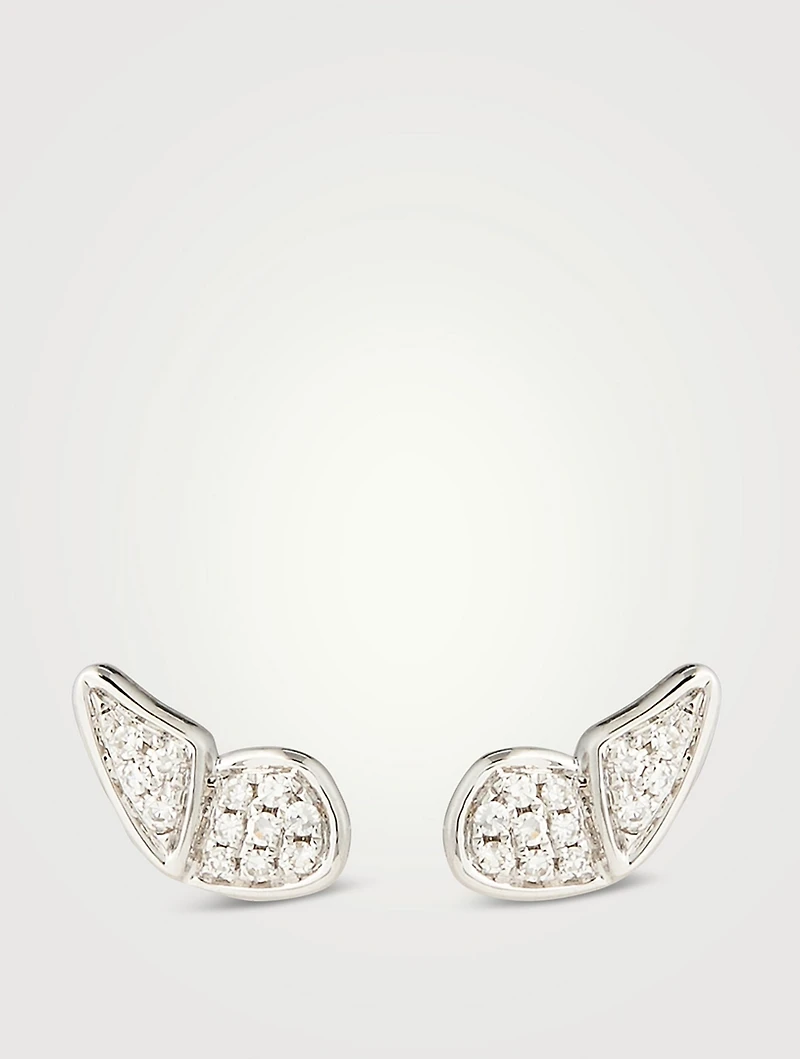 14K White Gold Flutter Stud Earrings With Diamonds