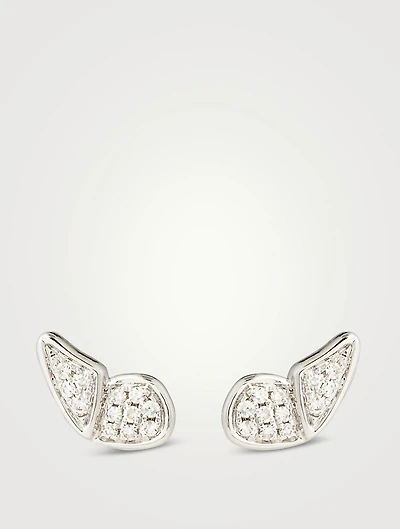 14K White Gold Flutter Stud Earrings With Diamonds