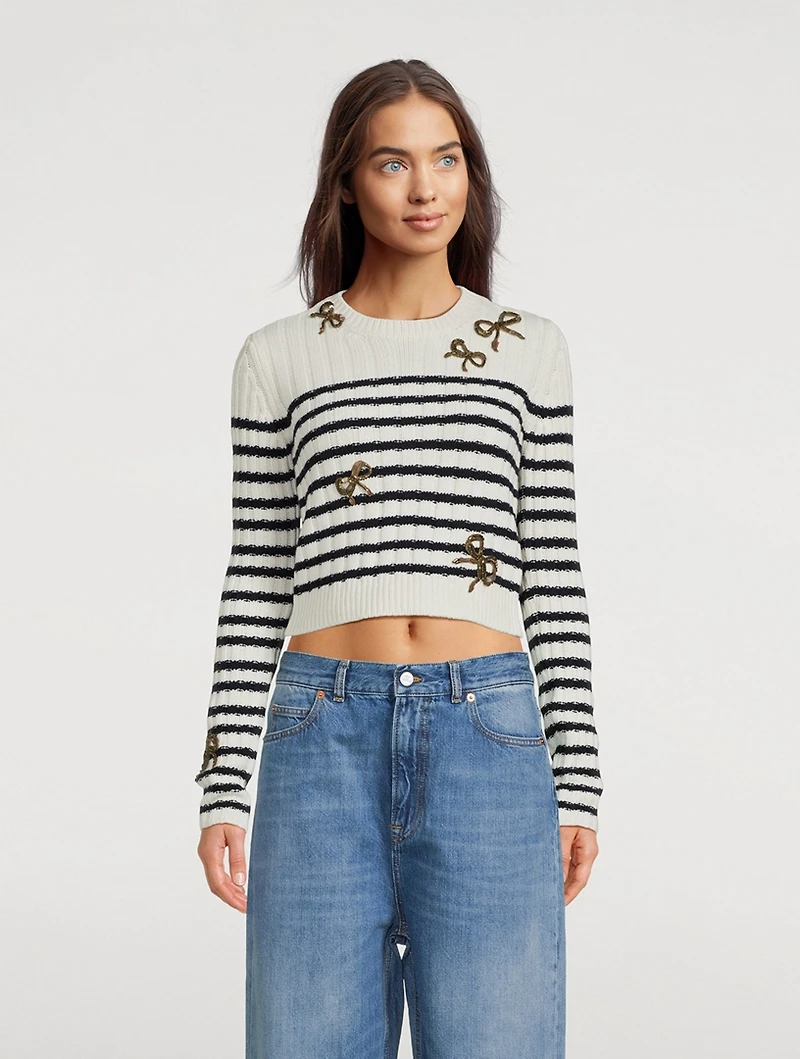 Bow-Trimmed Striped Wool Sweater