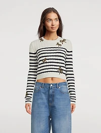 Bow-Trimmed Striped Wool Sweater
