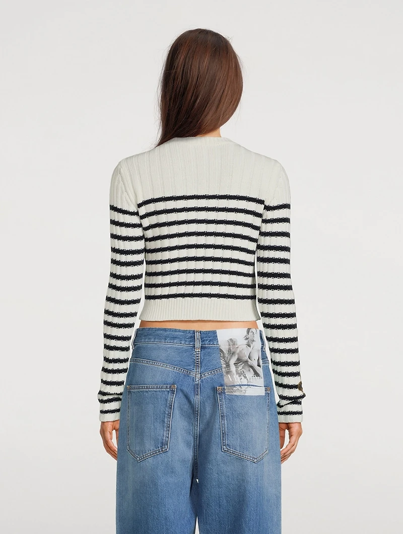 Bow-Trimmed Striped Wool Sweater