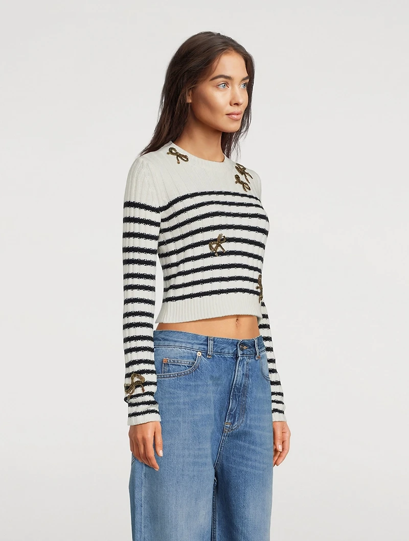 Bow-Trimmed Striped Wool Sweater