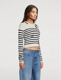 Bow-Trimmed Striped Wool Sweater