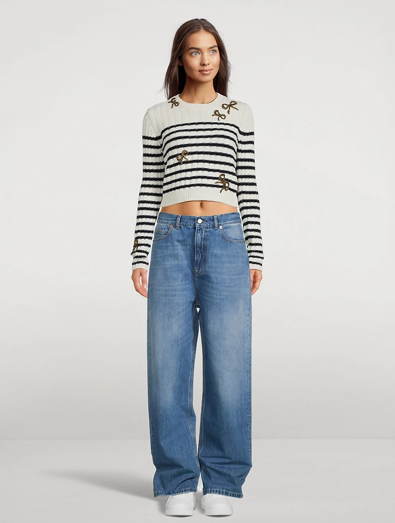 Bow-Trimmed Striped Wool Sweater