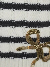 Bow-Trimmed Striped Wool Sweater