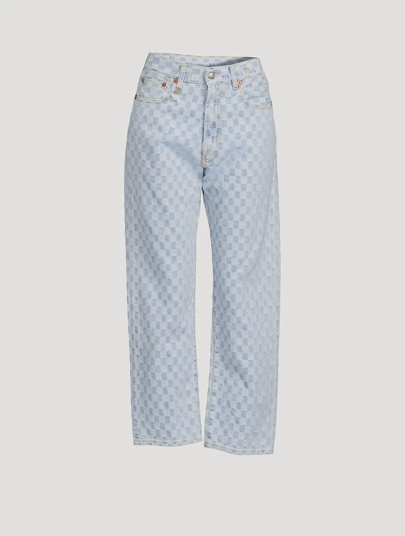 Cropped Boyfriend Jeans Checkerboard Print