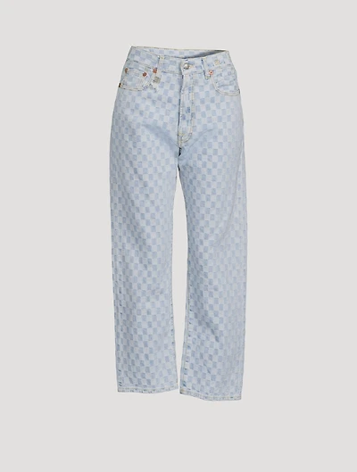 Cropped Boyfriend Jeans Checkerboard Print