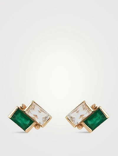 Cléo 14K Gold Deux Carré Stud Earrings With White Topaz And Emerald