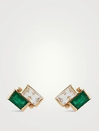 Cléo 14K Gold Deux Carré Stud Earrings With White Topaz And Emerald