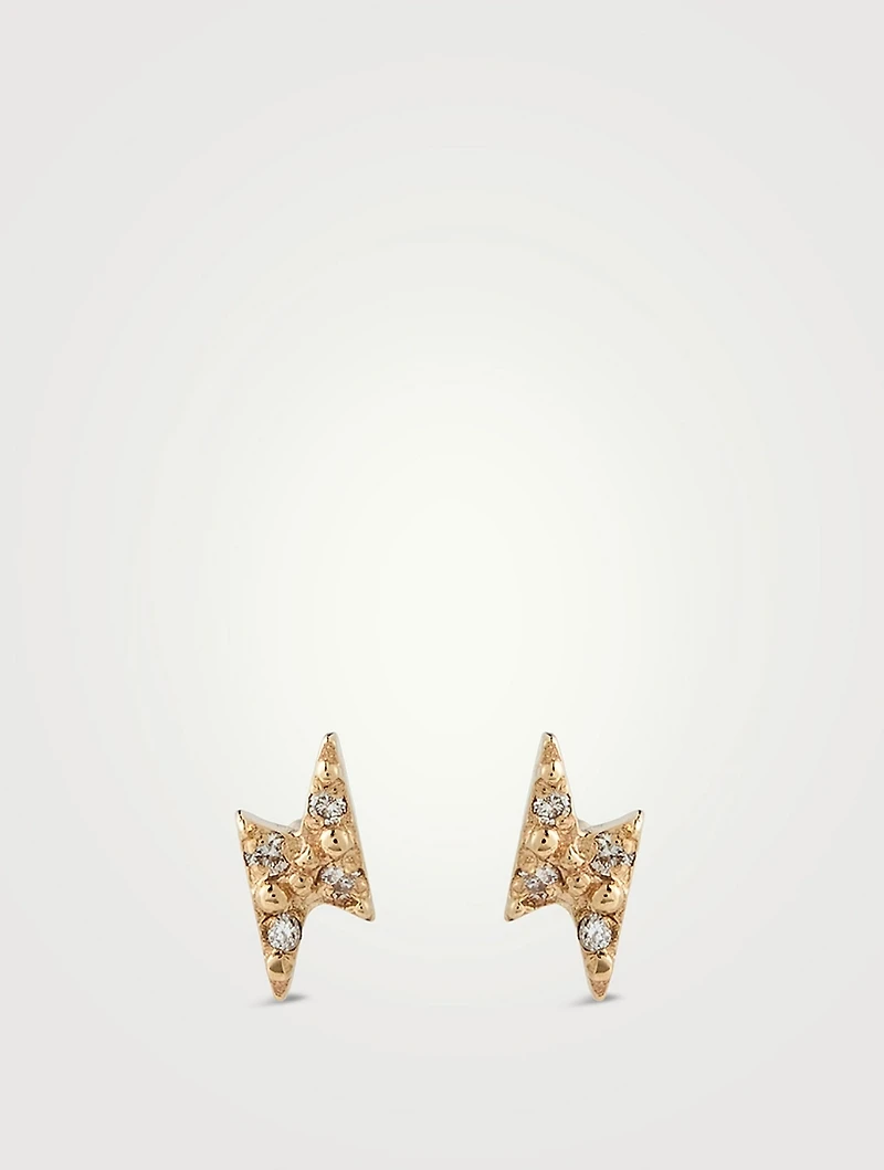 Mini Aztec 14K Gold Lightning Bolt Stud Earrings With Diamonds