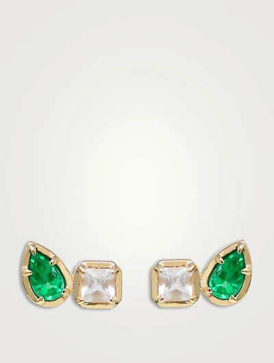 Mélia 14K Gold Toi Et Moi Cushion Stud Earrings With Emerald