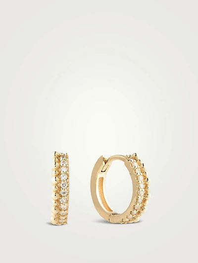 Dew Drop 14K Gold Double Huggie Hoop Earrings With Pavé Diamonds