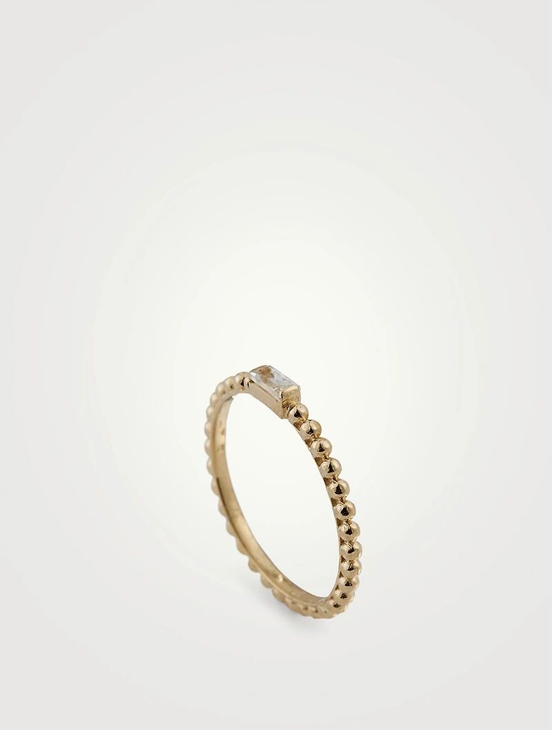 Dew Drop 14K Gold Baguette Stackable Ring With White Topaz