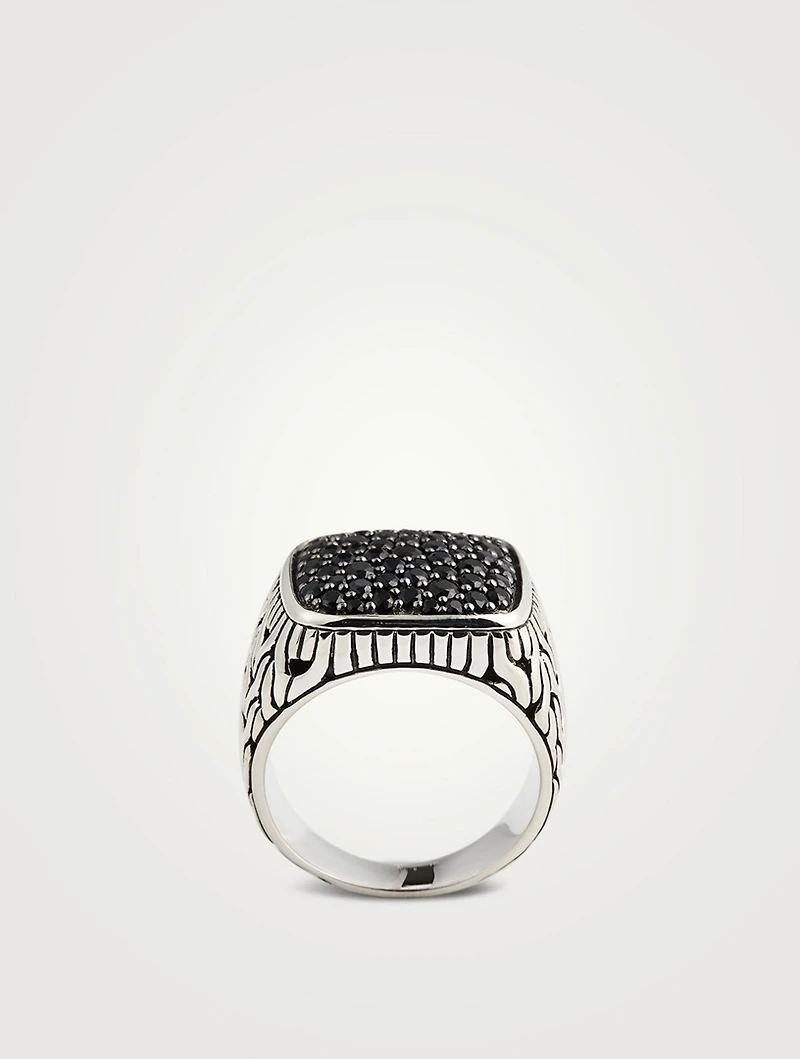Silver Carved Chain Signet Ring With Black Sapphire