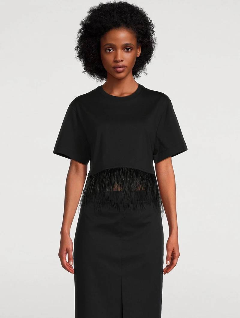 Feather-Trimmed Cropped T-Shirt