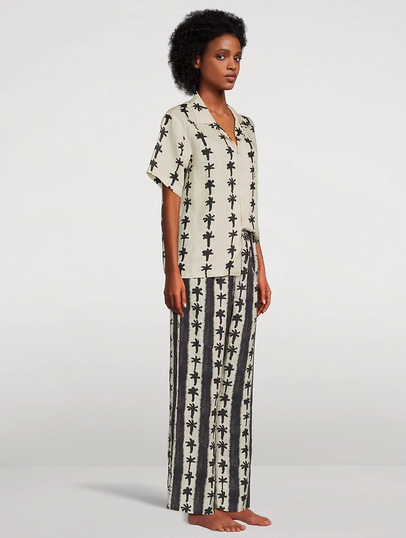 Cuban Long Linen Pajama Set Palm Stripe