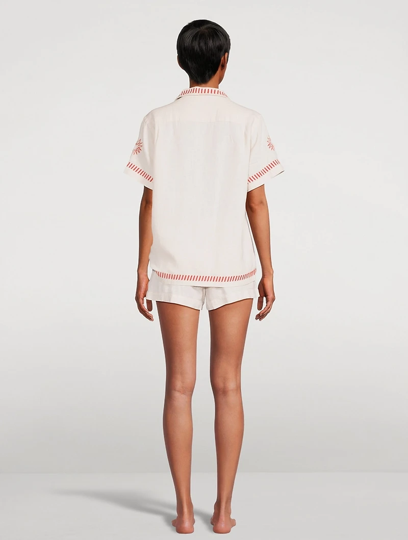 Linen Cuban Pajama Set With Embroidery