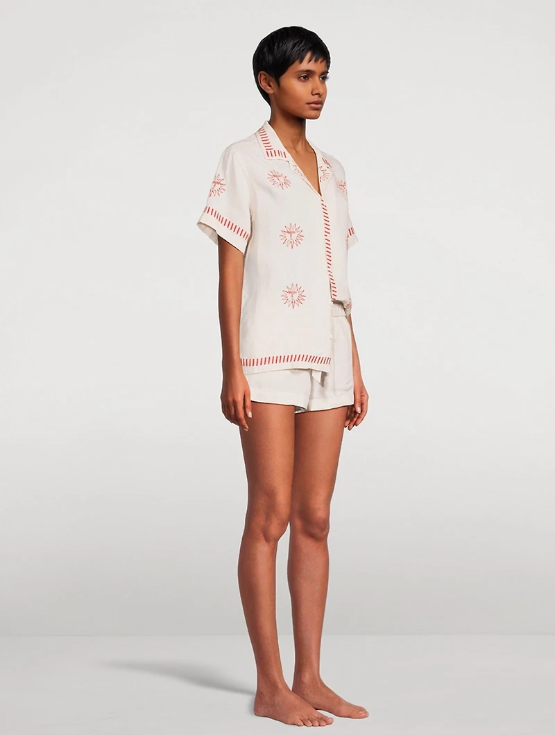 Linen Cuban Pajama Set With Embroidery