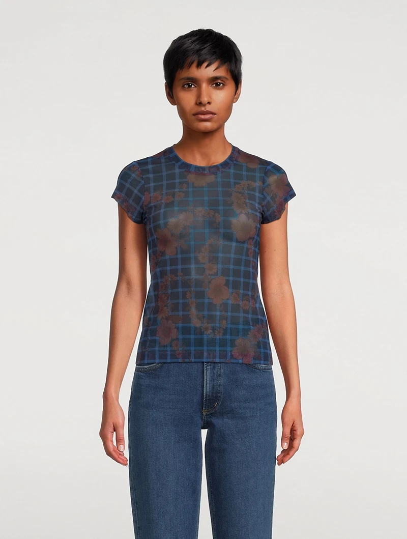 Mead Mesh T-Shirt Flower Check Print
