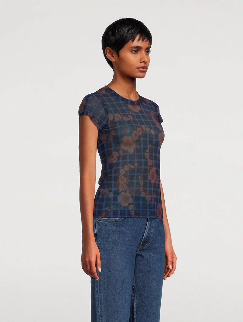 Mead Mesh T-Shirt Flower Check Print