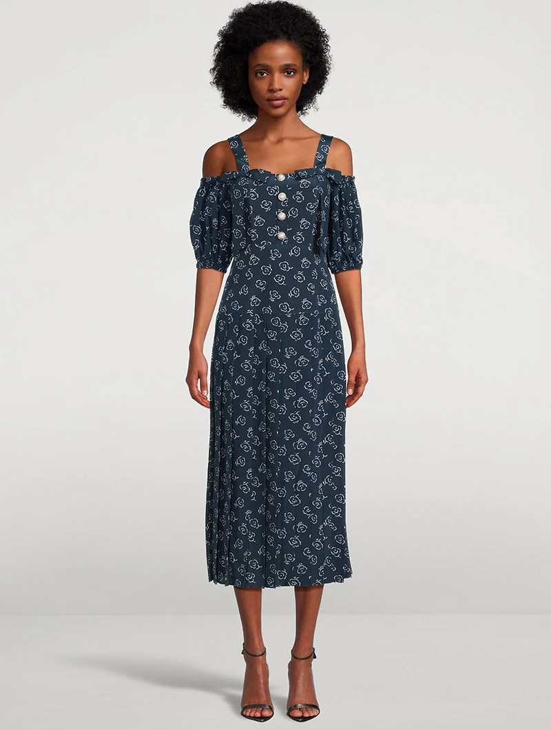 Off-The-Shoulder Silk Dress Floral Print