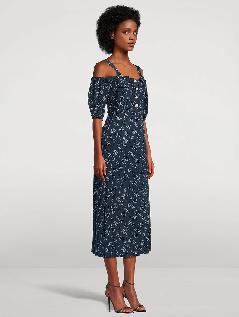 Off-The-Shoulder Silk Dress Floral Print