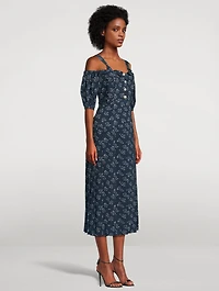 Off-The-Shoulder Silk Dress Floral Print