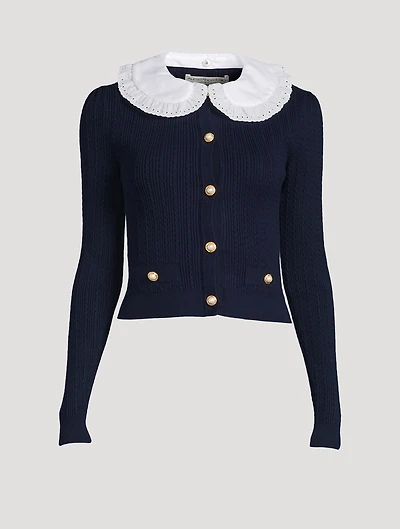 Ribbed Cardigan With Ruffled Collar