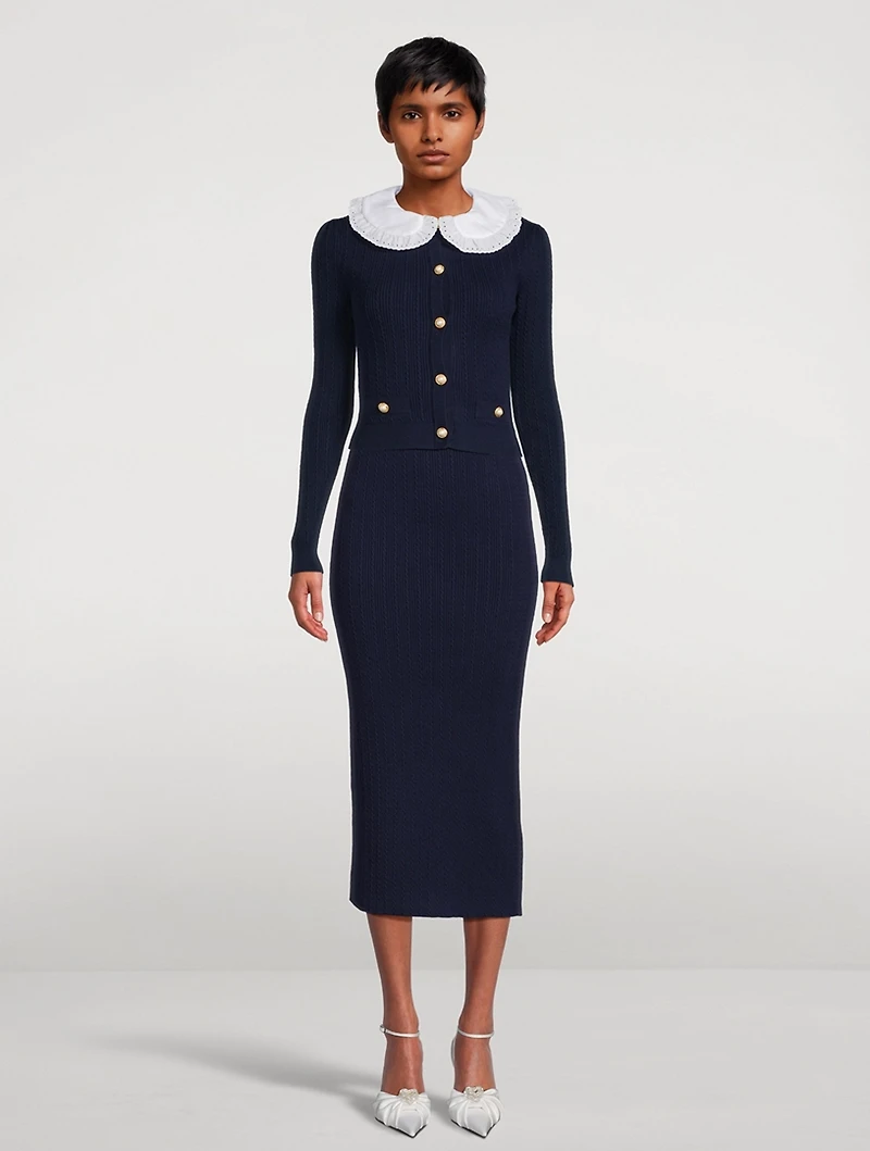 Ribbed Cardigan With Ruffled Collar