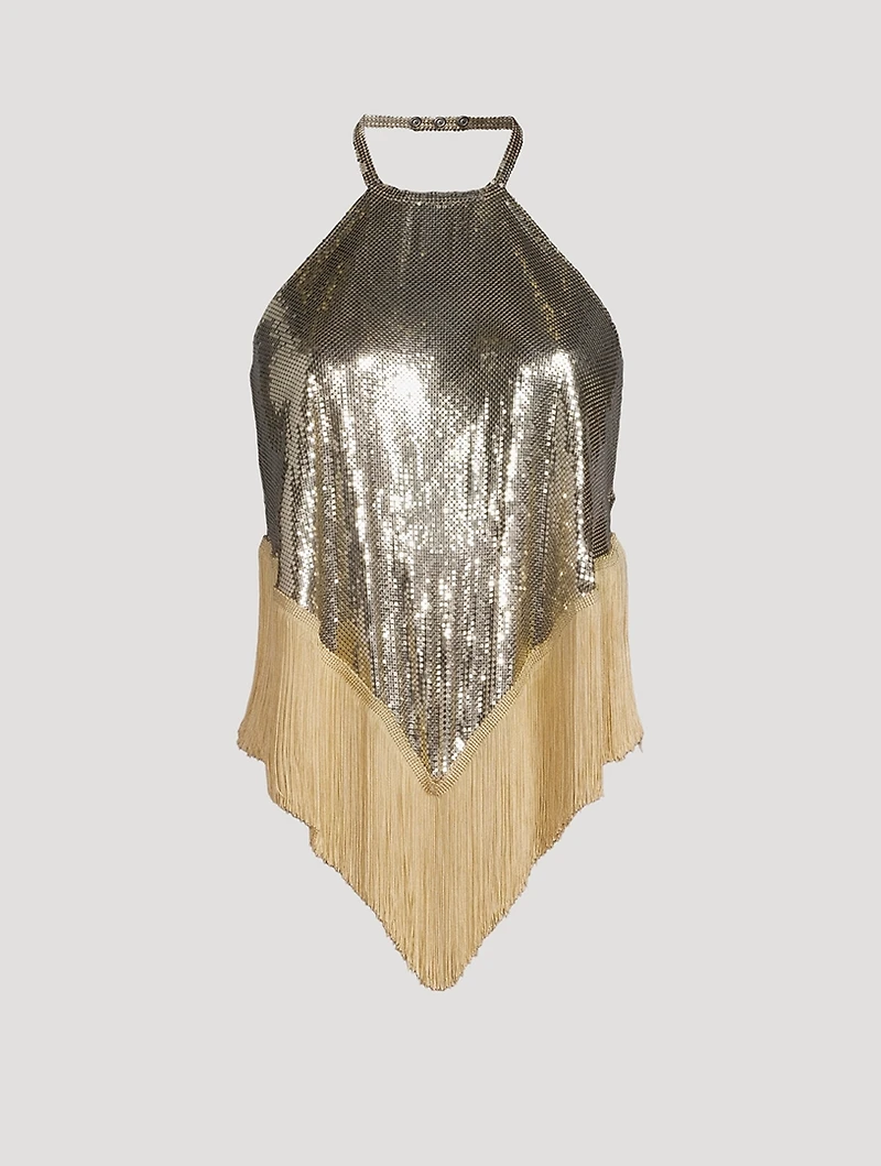 Fringed-Trimmed Metal Mesh Halter Top