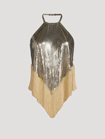 Fringed-Trimmed Metal Mesh Halter Top