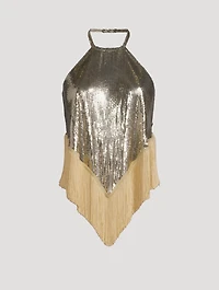 Fringed-Trimmed Metal Mesh Halter Top