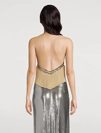 Fringed-Trimmed Metal Mesh Halter Top