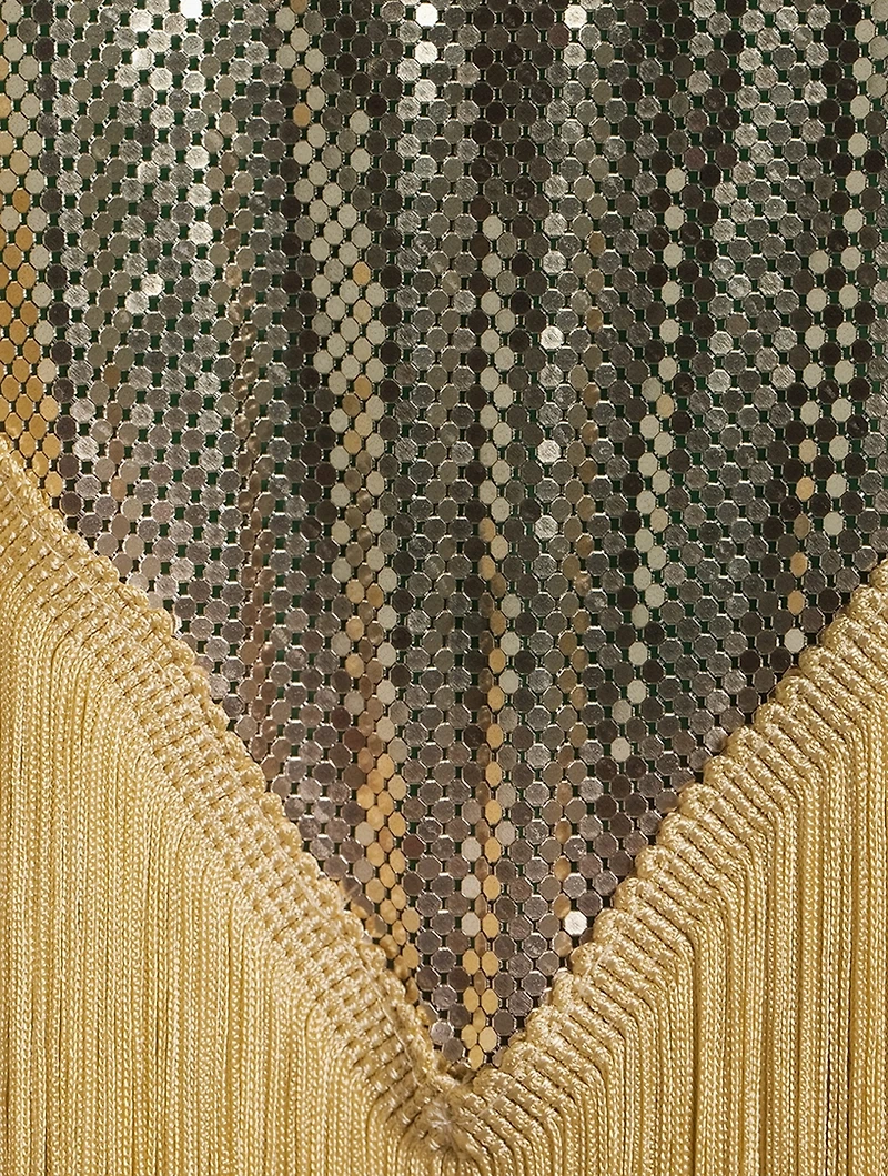 Fringed-Trimmed Metal Mesh Halter Top