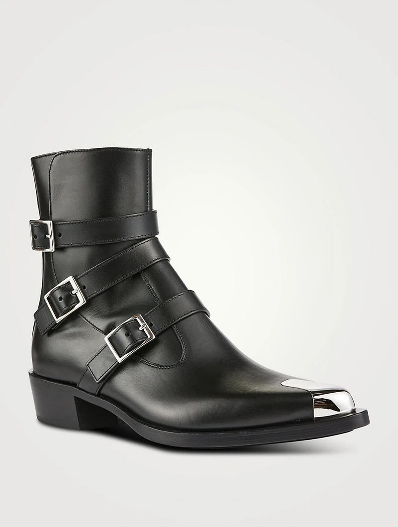 Punk Leather Boots With Triple Strap