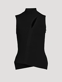 Slashed Rib-Knit Turtleneck Top