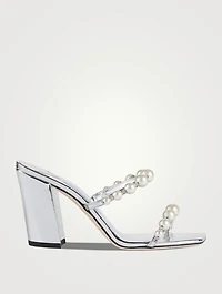 Amara Pearl-Embellished Metallic Leather Mules
