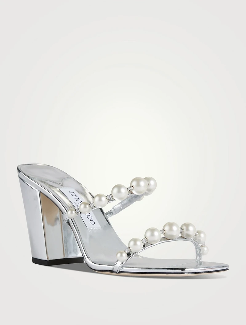 Amara Pearl-Embellished Metallic Leather Mules
