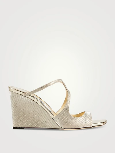 Anise Embossed Metallic Wedge Mules
