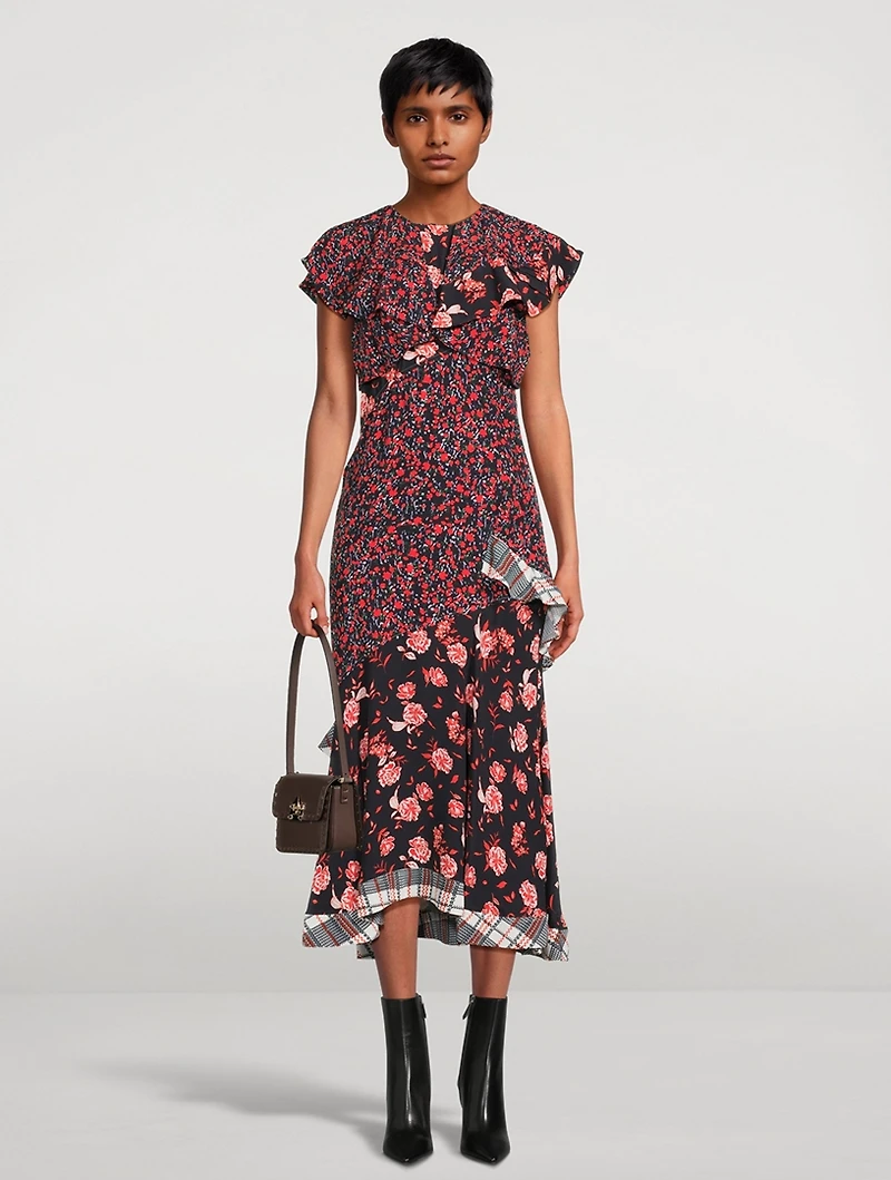 Floral Collage Ruffled Midi Dress