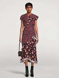 Floral Collage Ruffled Midi Dress