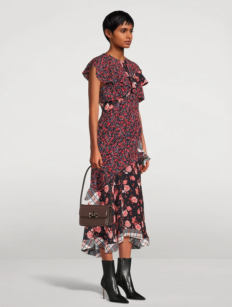Floral Collage Ruffled Midi Dress