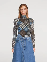 Mesh Turtleneck Check Print