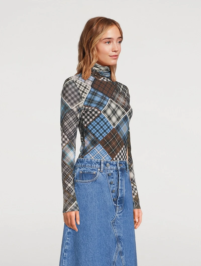 Mesh Turtleneck Check Print