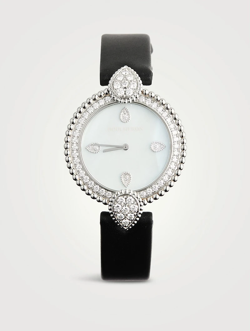Serpent Bohème Steel Leather Strap Watch With Mother-Of-Pearl Dial And Diamonds