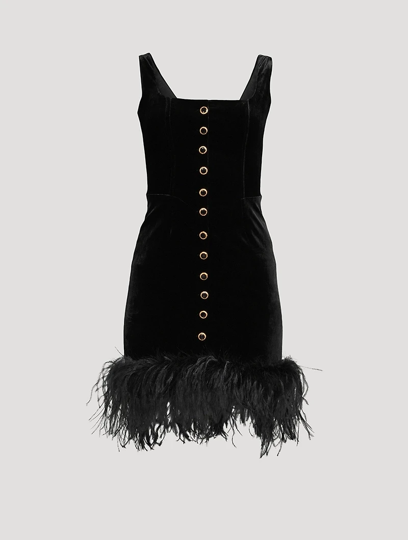Feather-Trimmed Velvet Mini Dress