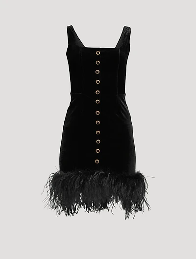 Feather-Trimmed Velvet Mini Dress